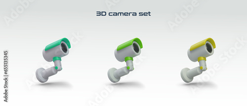 Set of different 3d realistic device with infrared sensor. Professional camera with sun protection. Motion sensor camera. Vector illustration in blue, green and yellow colors