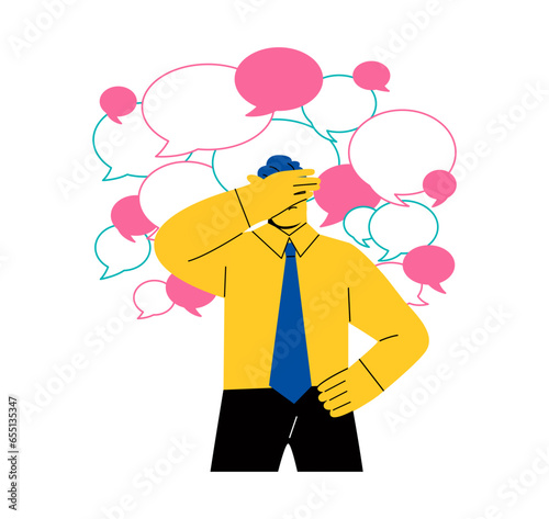 Frustrated business man standing among conversation bubbles. Flat vector illustration isolated on white background