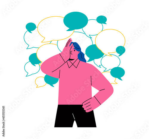 Frustrated business woman standing among conversation bubbles. Flat vector illustration isolated on white background