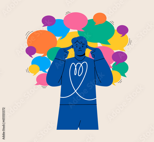 Frustrated man standing among conversation bubbles. Colorful vector illustration