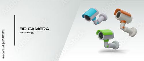 Set with realistic 3d cameras in different positions. 3d camera technology concept. Security, video surveillance. Vector illustration in green, blue and orange colors
