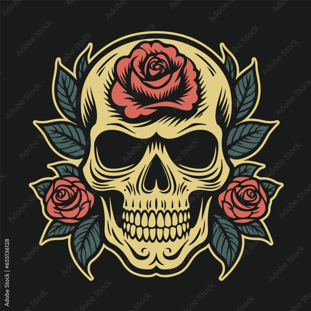 Skull and roses tattoo style illustration. Skull and roses tattoo style illustration.