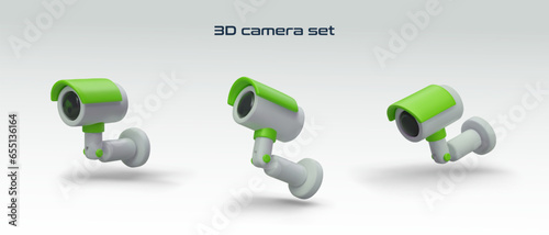 Set of realistic surveillance cameras. Vector object in different positions. Secret observation device with green protective visor. CCTV system. Illustrations for web design