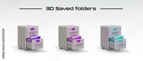 3D saved folders of different colors. Set of isolated office chests with pull out drawer. Sorting and storing files. Electronic database of documents. Vector icons for web design