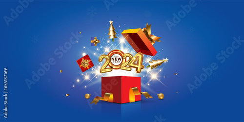Open gift box and New Year 2024 reveal or launching with sparkles. 2024 Number stand out from gift box christmas eve background.