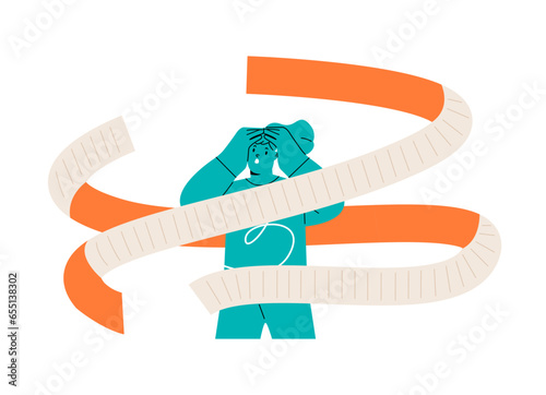 Woman has problem with budget. Big expenses and financial problem concept. Colorful vector illustration
