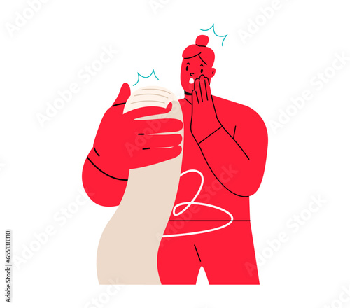 Woman with expired bill in hands. Big expenses and financial problem concept. Colorful vector illustration