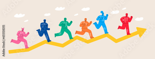 A men and women running on arrows graph of progress, success concept. Colorful vector illustration