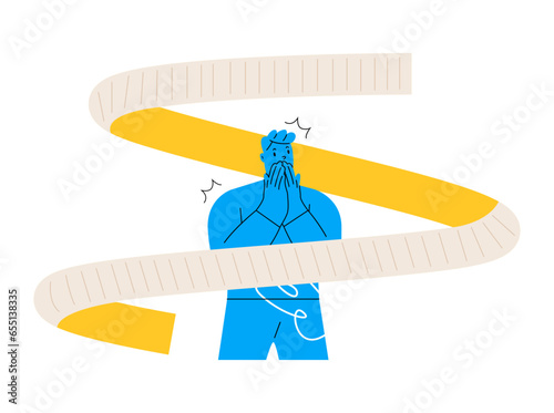 Man has problem with budget. Big expenses and financial problem concept. Colorful vector illustration
