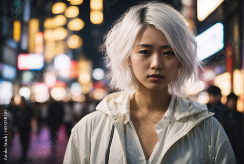 Ritratto di una giovane ragazza giapponese con capelli bianchi in una città di notte  photo