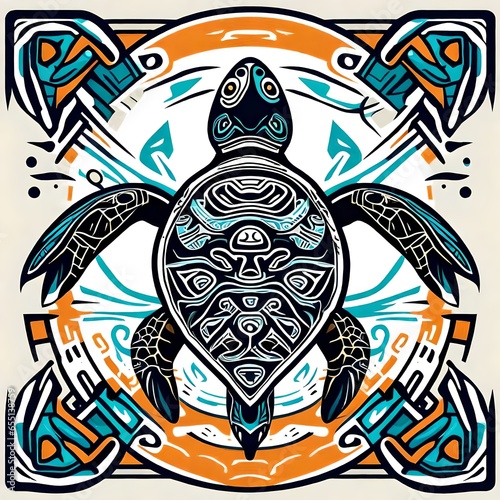 A colorful sea turtle illustration done in native american style art suitable for a t-shirt design.