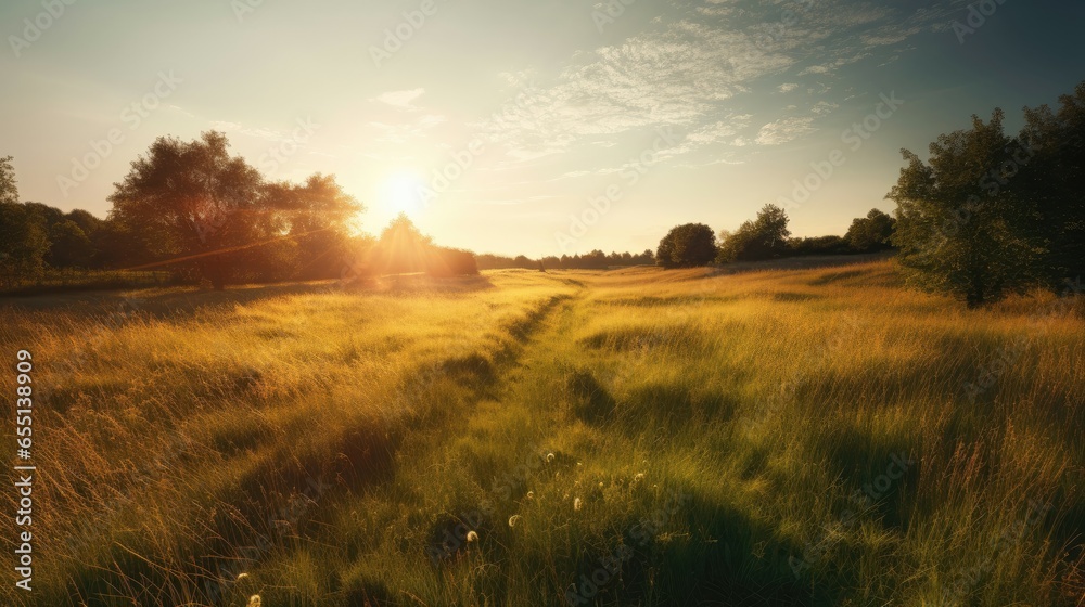 Golden hour meadow with grass path