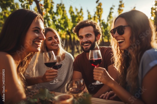 A group of people enjoying wine at a table in a winery created with Generative AI technology