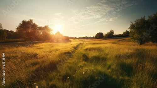 Golden hour meadow with grass path
