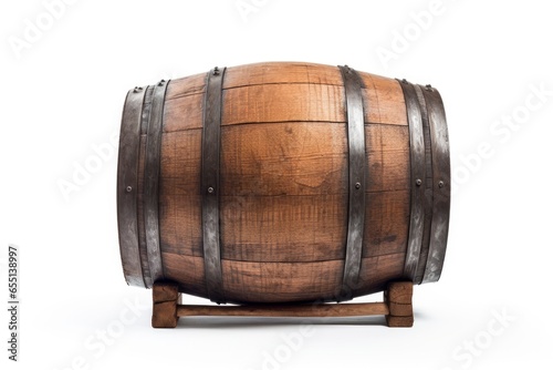 A wooden wine barrel displayed on a rustic wooden stand created with Generative AI technology