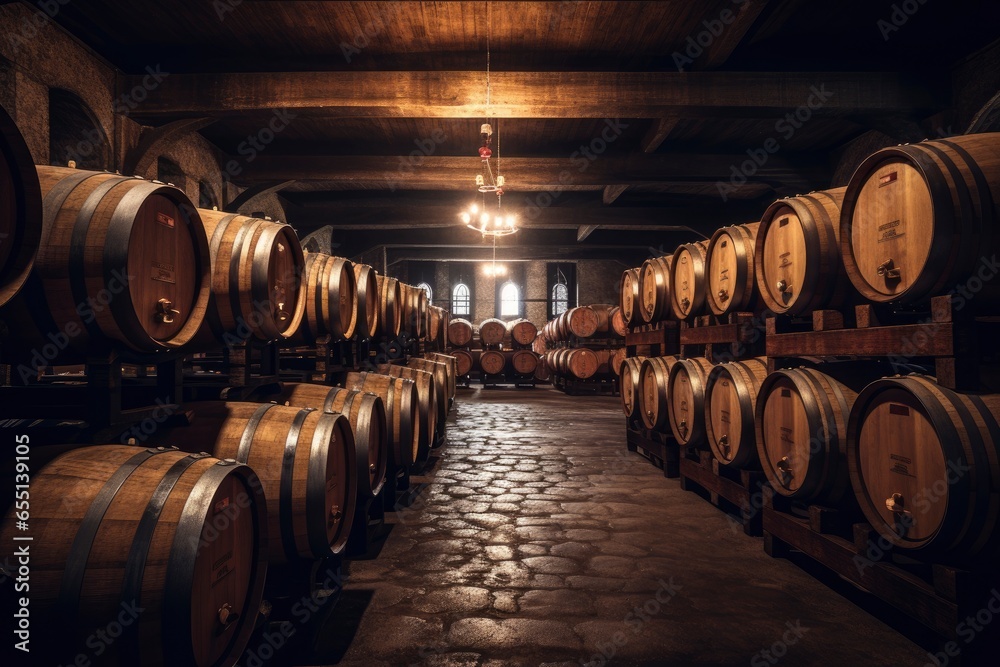 A rustic winery filled with wooden barrels created with Generative AI technology