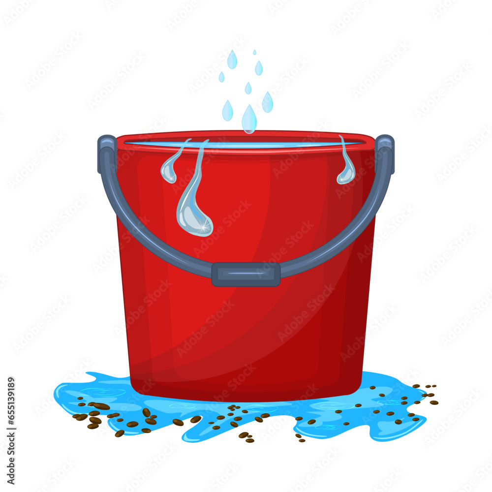Red bucket with water. Plastic bucket filled water standing in puddle