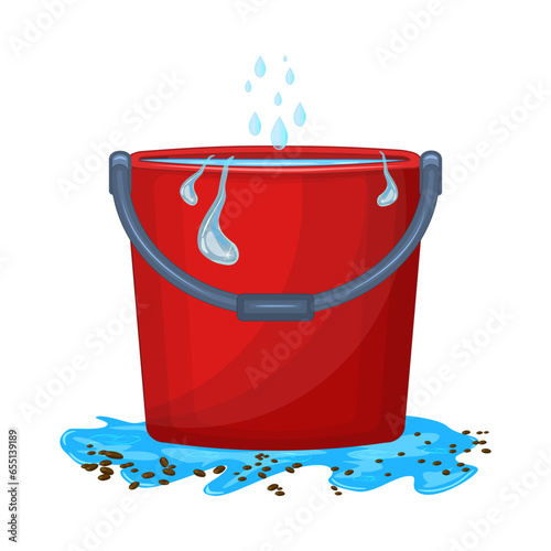 Red bucket with water. Plastic bucket filled water standing in puddle. Liquid container. Pail with handle.Leaking roof, ceiling.Drops of water are dripping from ceiling into bucket.Vector illustration