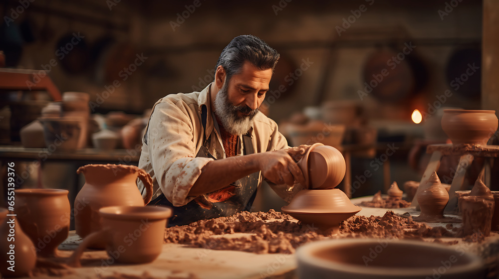 A skilled artisan in a pottery workshop, inviting enthusiasts to witness the magic of crafting clay into beautiful objects A skilled artisan in a pottery workshop, inviting enthusiasts to witness the magic of crafting clay into beautiful objects
