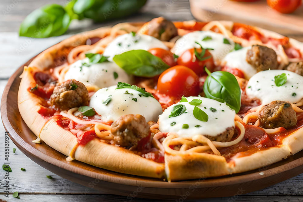 Close-up of Spaghetti & Meatball Pizza. Generative AI Close-up of Spaghetti & Meatball Pizza. Generative AI