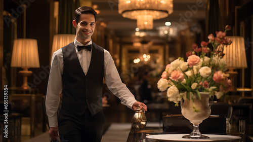 A jovial maître d' at the entrance of a fine dining restaurant, guiding guests to their reserved table amidst an ambiance of subtle elegance photo