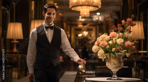 A jovial maître d' at the entrance of a fine dining restaurant, guiding guests to their reserved table amidst an ambiance of subtle elegance