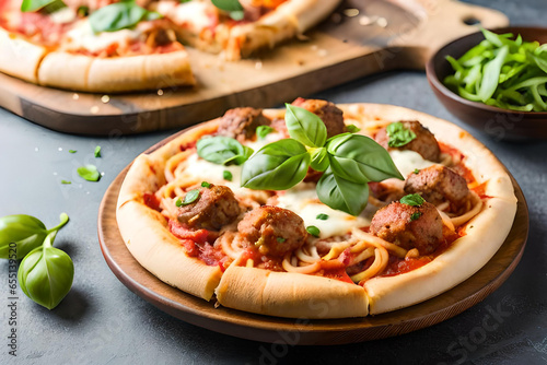 Close-up of Spaghetti & Meatball Pizza. Generative AI
