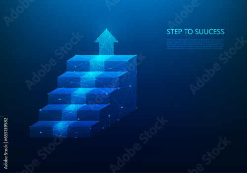 business stair step to target goal digital technology. isometric staircase and arrow up. vector illustration fantastic low poly wireframe design.