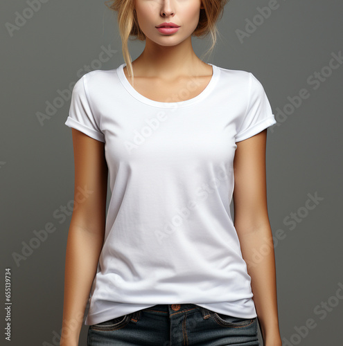 White t-shirt slim fit mock up for putting design in modeling woman on gray background