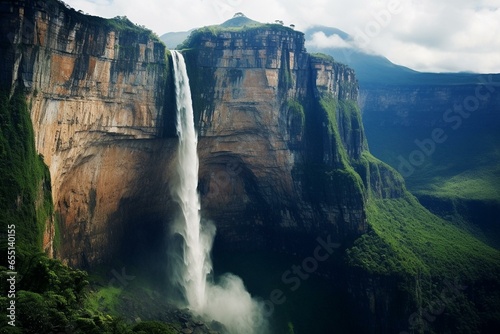 Breathtaking vista of Venezuela's Angel Fall, world's tallest waterfall. Generative AI