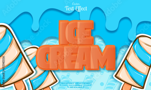 Cute editable text effect on melting background with seamless blue ice cream hand drawn pattern