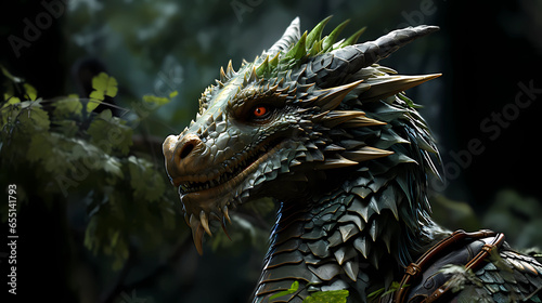 Green dragon close-up against a nature background. © ArturSniezhyn