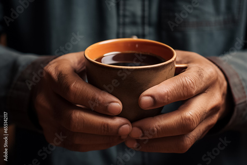 The person hands, male hands, female hands holding a ceramic cup of hot coffee latte with latte art, hot stream on a coasters or saucer at a cafe shop, Generative AI.