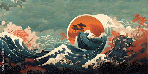 Hokusai-Inspired Art: Sakura and Sea Waves photo