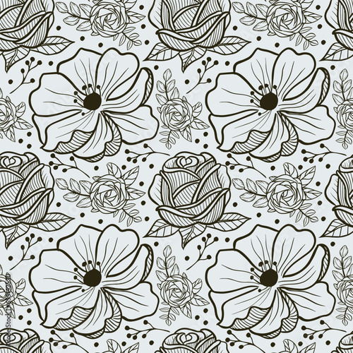 Floral seamless pattern. black flowers on a white background
