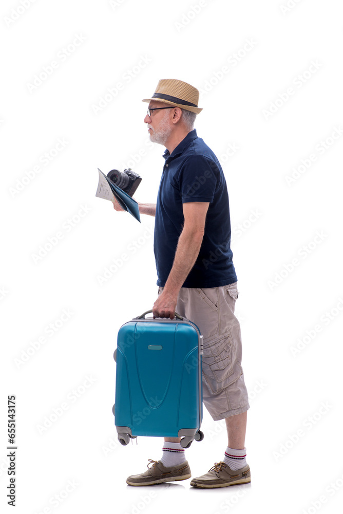 Old man in travelling concept isolated on white Old man in travelling concept isolated on white