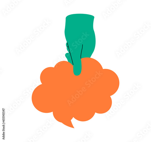 Human hand up holding speech bubble with idea comment information opinion or message. Colorful vector illustration