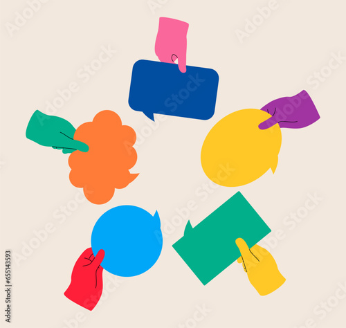 Diverse people hands holding speech bubbles expressing feedback or opinion. Colorful vector illustration