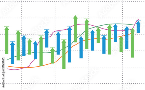 green and blue arrow graphs pointing upwards, stock trading market graphs, the economy is rising	
 photo