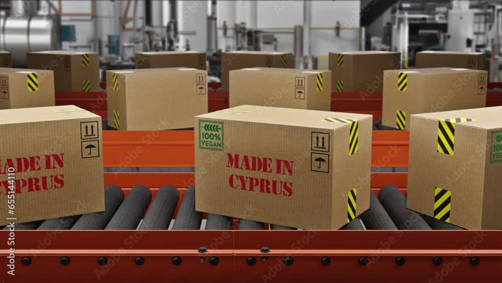Vegan Food Cargo Boxes MADE IN CYPRUS Text on Roller Conveyor