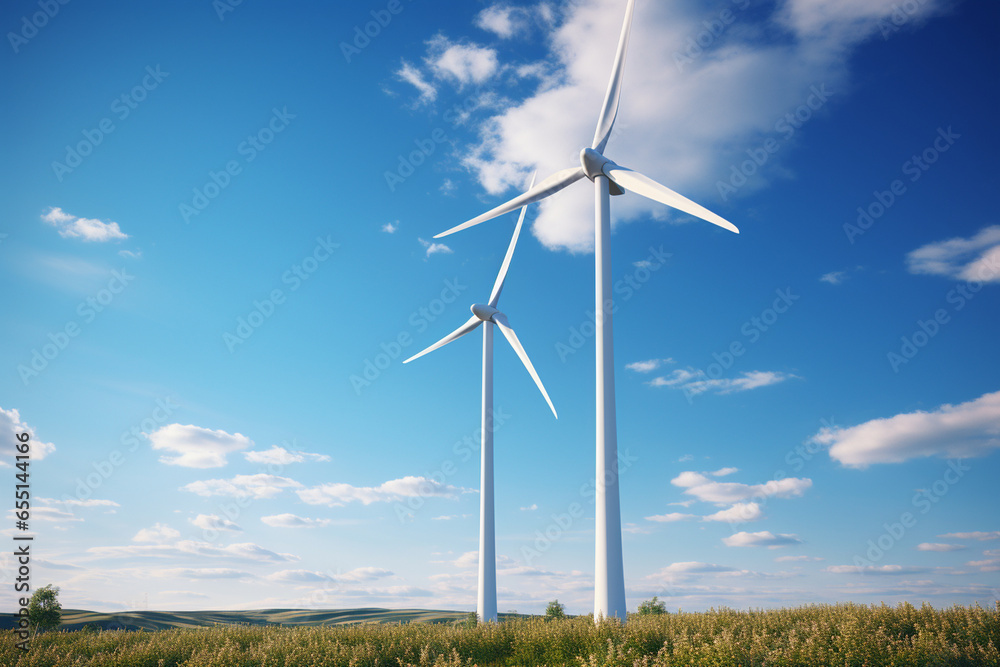 photo capturing the graceful rotation of a wind turbine against a blue sky, emphasizing the beauty of wind energy photo capturing the graceful rotation of a wind turbine against a blue sky, emphasizing the beauty of wind energy