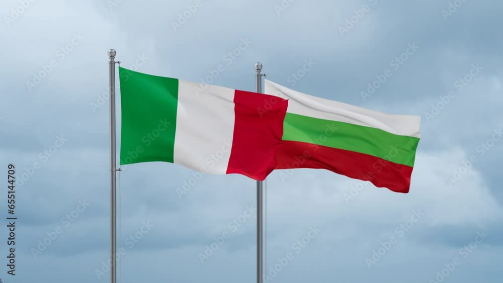 Bulgaria flag and Italy flag waving together on cloudy sky, endless seamless loop, two country relations concept Bulgaria flag and Italy flag waving together on cloudy sky, endless seamless loop, two country relations concept