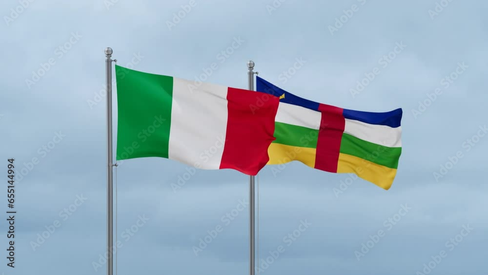 Central African Republic flag and Italy flag waving together on cloudy sky, endless seamless loop, two country relations concept Central African Republic flag and Italy flag waving together on cloudy sky, endless seamless loop, two country relations concept