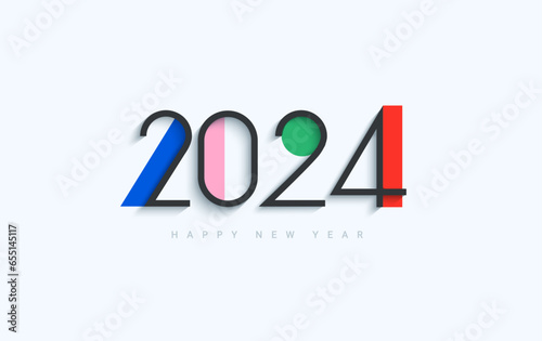 Banner new year 2024, happy holiday flyer minimalistic design with strict numbers with multi-colored inserts. Template for poster,web,cover,calendar,web,presentation,print. Vector illustration.