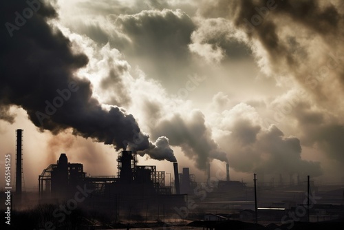 Industrial pollution contributes to atmospheric contamination. Smoke symbolizes carbon emissions. Generative AI