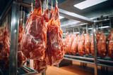 Meat processing plant. Raised meat for further processing in the production hall. The arrival of jamon or cold cuts. Natural fresh meat product. Production of pork or beef in a modern enterprise.