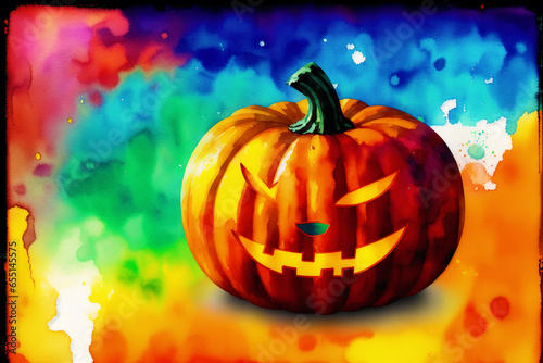 Halloween postcard. Halloween background with pumpkins and watercolor splash. Watercolor paint. Digital art, Generative AI