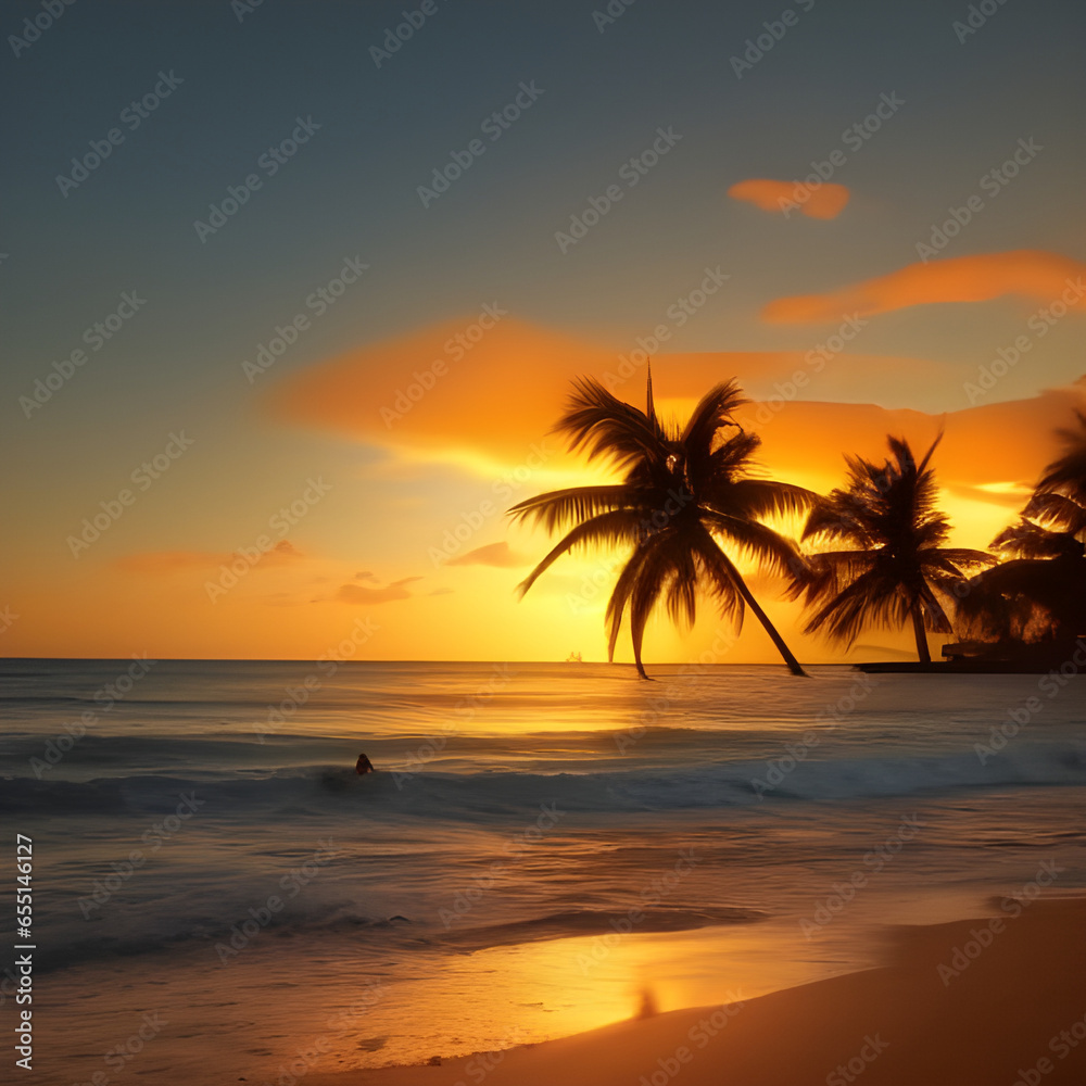 Amazing beach sunset with endless horizon and incredible foamy waves over wet sand. Digital illustration. Amazing CG Artwork Background