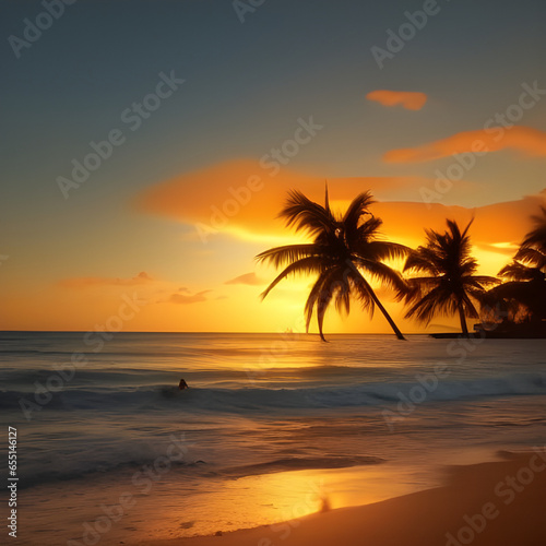 Amazing beach sunset with endless horizon and incredible foamy waves over wet sand. Digital illustration. Amazing CG Artwork Background © Irina B