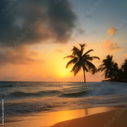 Amazing beach sunset with endless horizon and incredible foamy waves over wet sand. Digital illustration. Amazing CG Artwork Background © Irina B